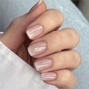 Eenvoudige vierkante nepnagels met geleilijm, roze en witte French press-on nepnagels met kleurverloop, korte nageltips met volledige dekking(3479,XS)