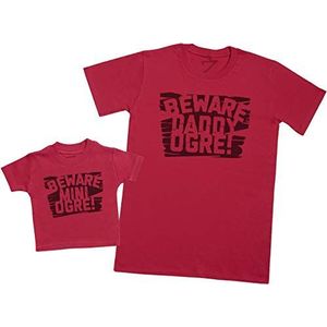 Zarlivia Clothing Pas op voor Mini & Daddy Ogre! - Bijpassende Vader Baby Gift Set - Heren T-shirt & Baby T-Shirt - Rood - Medium & 1-2 Jaar