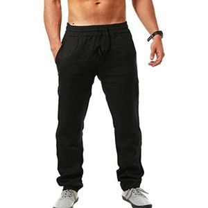 Herenbroeken Zomer Casual Sport Katoenen En Linnen Broeken Effen Kleur Joggingbroeken Fitness Losse Lange Broeken Comfortabele En Ademende Broeken Herenkleding(Color:Noir,Size:L)