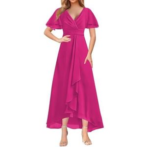 WSEYU Korte Mouw Moeder Van De Bruid Bruidegom Jurken Chiffon Kralen Formele Avond Grootmoeder Jurken Thee Lengte ZM203, roze (hot pink), 32