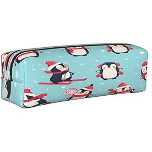 Lederen Etui Leuke Vos Beer Vogel Konijntje Boom Briefpapier Potlood Tas Make-up Pouch Draagbare Kantoorbenodigdheden Tas voor Tieners Meisjes Volwassenen, Winter Kerstmis Pinguïns, Leather Pencil Case, Beauty Case