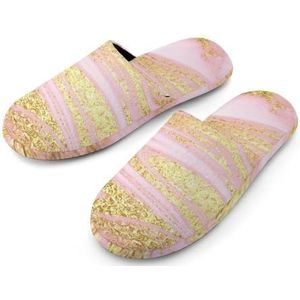Roze met gouden marmer volledige print dames pantoffels warme anti-slip rubberen zool huis schoenen voor indoor hotel 38-39_(7-8)
