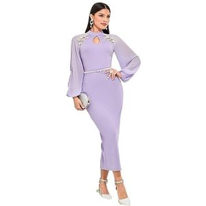 jurken voor dames Bloemenapplicaties Sleutelgathalslijn Lantaarnmouwen Bodycon-jurk met split aan de achterkant zonder riem (Color : Lilac Purple, Size : M)