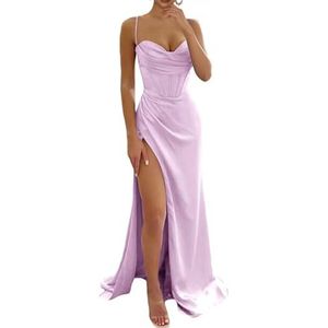 YIANN Satijnen galajurken voor dames met split, ronde hals, zeemeermin, spaghettiband, formele avondjurk, Lila, 32