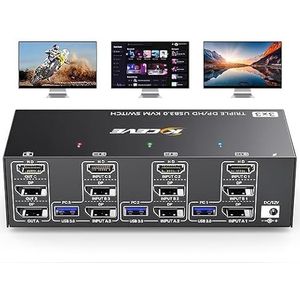 HDMI+2 DisplayPort KVM Switch 3 PC 3 Monitoren 8K@60Hz 4K@144Hz, MLEEDA USB 3.0 Triple Monitor KVM Switch 3 PC Deel 3 Monitoren en 4 USB 3.0 Apparaten met 12 V Voeding, Kabelcontroller, 3 * USB Kable