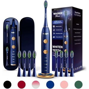 Wagner & Stern WHITEN+ Edition. Slimme elektrische tandenborstel met druksensor, 5 poetsmodi en 3 intensiteitsniveaus, 8 zachte nrush-hoofden, premium reiskoffer. (Blue)