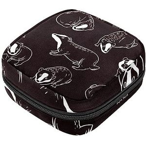 Maandverband Opbergtas, Vrouwelijke Product Pouches Draagbare Periode Kit Tas voor Meisjes Vrouwen Dames Leuke Honing Badger Zwarte Achtergrond, Meerkleurig, 4.7x6.6x6.6 in/12x17x17 cm