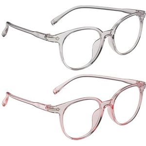 SLEEKEE Set van 2 ronde brillen, kinderbril, bril tegen blauw licht, bril eenvoudig design, modieuze bril, Doorschijnend roze, Eén maat
