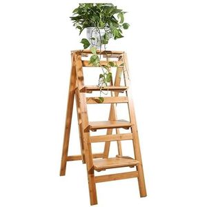 Bloemenrek Mini-trapladder met 4 treden, opvouwbare massief houten opstapkruk/trapstoelen, multifunctioneel bloemenrek, opbergplank Plantenrek