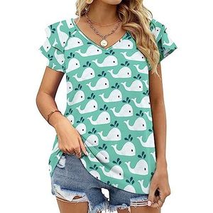Cartoon Whales dames casual tuniek tops ruches korte mouwen T-shirts V-hals blouse T-shirt