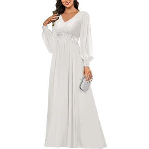 KIYNE Damesjurk met lange mouwen voor moeder van de bruid met kanten applicatie, V-hals, chiffon, formele feestjurk, Ivoor, 32