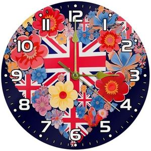 YTYVAGT Wandklok, moderne klokken op batterijen, Britse vlag hart bloem, ronde stille klok 9.85 inch