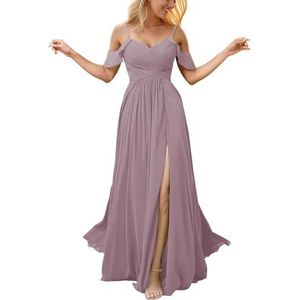 Chiffon galajurken met spleetplooien, bruidsmeisjesjurken voor bruiloft, cocktailjurk, grote maten, Wisteria, 34