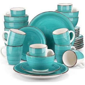 vancasso Bella Diner Set voor 8, Steengoed Plate Bowl Set Handbeschilderd Servies, 32-delig Turkoois Diner Service met Dinner Plaat/Dessert Plaat/Granen Bowl/Mok, Rustieke Chic Style