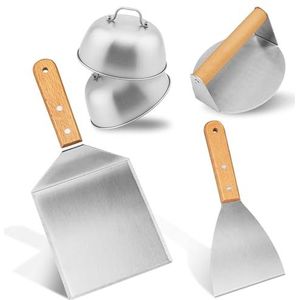 JOYIT 5-delige hamburgerset, grillspatel, roestvrij staal, burger smasher, grillspatel met hamburgerhoes, spatel, spatel met houten handgrepen voor hamburgerpers, teppanyaki, barbecue, steak, pizza