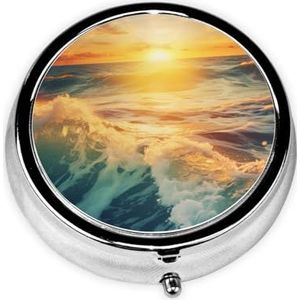 Zonsondergang en zonsopgang met oceaan zee golven pillendoos metalen ronde kleine pillendoos schattig 3 compartiment pillenorganizer draagbare reizen pillendoos mini pillencontainer houder voor