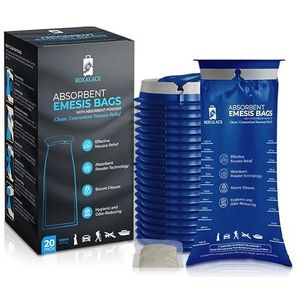 ROXALACE® Emesiszakken met absorberend poeder voor verlichting van misselijkheid en braken - 20 stuks 1200 ml, reisvriendelijke, hygiënische oplossing voor reisziekte, ochtendmisselijkheid, verzorging