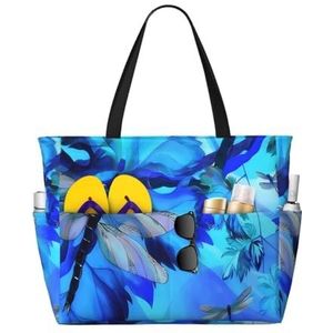 UPIKIT Art Blue Libelle Grote Capaciteit Waterdichte Zanddicht Met Rits Strandtas 45x17x38cm Voor Gym Kruidenier Winkel Reizen Camping, Zwart, Eén maat