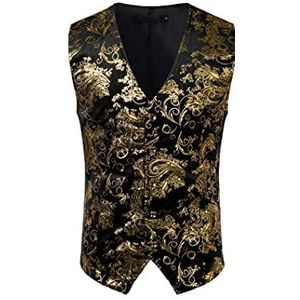 Heren goud metallic paisley steampunk vest, enkele breasted v-hals bruiloft vest, mannen aristocraat smoking gilet, Goud, XL