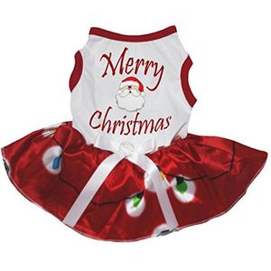 Petitebelle Hond Jurk Vrolijk Kerstmis Wit Katoen Shirt verlichting Rood Tutu, Medium, Rood