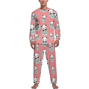 Schattige liefde panda's zachte heren pyjama set comfortabele lange mouwen loungewear top en broek geschenken M