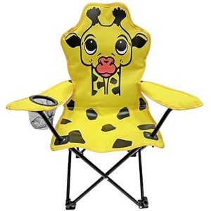 Vissersstoel voor kinderen, geel, campingstoel, vouwstoel, visstoel, motief giraffe met bekerhouder en tas