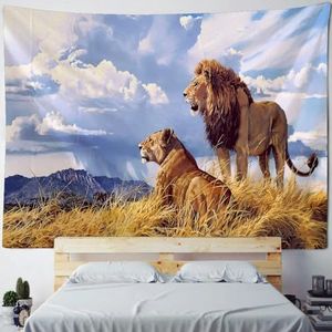 SEIBES Wandbehang, motief: leeuw, dier, bedrukt, motief: koning van het bos, kunst aan de muur, voor slaapkamer en woonkamer, 400 x 200 cm
