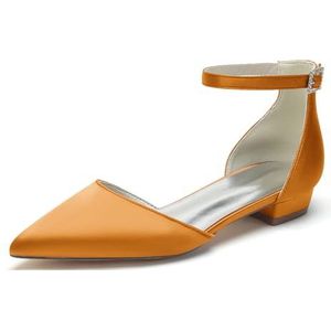 Dames Gespitste Satijnen Bruidsschoenen Platte Lage Hakken Enkelband Ivoor Bruidsschoenen,Oranje,35 EU