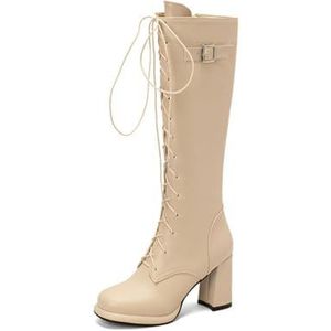 Dames Veters met dikke hak Kniehoge laarzen met rits aan de zijkant Laarzen met ronde neus en voering van imitatiebont,Apricot,34 EU
