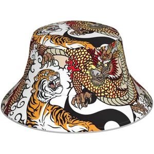 OdDdot Draak en tijger print emmer hoed strand zomer zonnehoed visser hoeden reflecterende strip zonnehoed voor vrouwen mannen, Draak en Tijger, Eén Maat