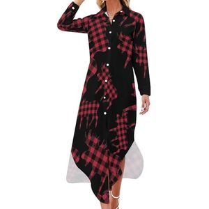 Plaid Moose Lumberjack Rood Zwart Dames Maxi Jurk Lange Mouw Knopen Shirt Jurk Casual Party Lange Jurken S