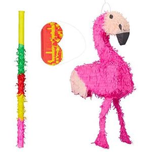 3-delige pinata set flamingo, met pinatastok en blinddoek, voor kinderverjaardagen, om zelf te vullen, kleurrijk