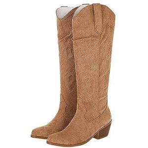 OTMYIGO Cowboylaarzen voor dames, westerse cowboylaarzen, grof blok puntige teen halfhoge kuitlaarzen voor vrouwen, kniehoge brede kuit, bontvoering winter instappers rijlaarzen, Beige, 42 EU