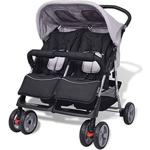 vidaXL Tweelingbuggy Staal Grijs en Zwart Kinderwagen Wandelwagen Buggy Baby