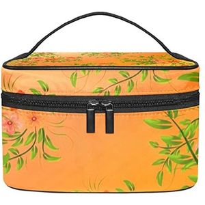 Make-up Organizer Bag, Reizen Make-up Tas Organizer Case Draagbare Cosmetische Tas voor Vrouwen en Meisjes Toiletartikelen Oranje Achtergrond Rood Bloemen Groene Bladeren, Meerkleurig, 22.5x15x13.8cm/8.9x5.9x5.4in