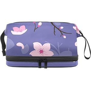 Grote capaciteit reizen cosmetische tas,Roze kersenbloesem paarse achtergrond,Make-up tas,Waterdichte make-up tas organisator, Meerkleurig, 27x15x14 cm/10.6x5.9x5.5 in
