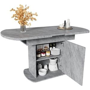 Moderne ovale eettafel uittrekbaar met geïntegreerde opbergruimte en legplank, keukentafel met intelligent reksysteem en handgreep, ruimtebesparende multifunctionele tafel (betonlook + zilveren