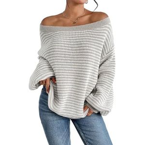 Dames Gestreepte Drop Schouder Trui, Dames Off The Shoulder Trui Batwing Mouw Losse Pullover Truien Tops, Mode Gestreepte Lange Mouw Truien (M,Grijs)