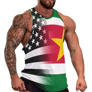 Zwart en wit USA Suriname vlag mannen tank top grafische mouwloze bodybuilding T-shirts casual strand T-shirt grappige sportschool spier