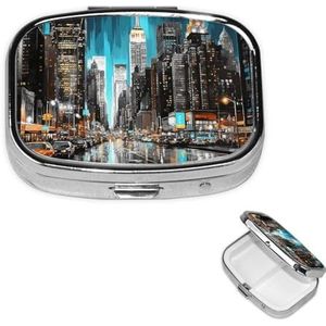 Pillendoosje met spiegel, retro pillendoosje met 2 compartimenten, New York schilderijen, kleine pillenorganizer voor portemonnee of zak, decoratieve metalen medicijnen, vitamine-organizer, unieke