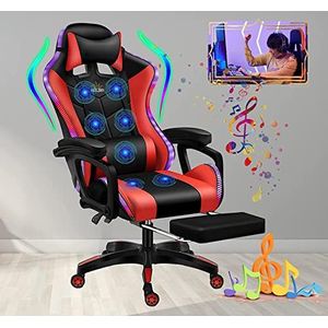 Gamingstoel 7-punts massage met RGB-verlichting en luidsprekers Ergonomische voetensteun en hoofdsteun en lendenkussen Videogamestoelen Volwassenen Gamestoel met hoge rugleuning,Rood