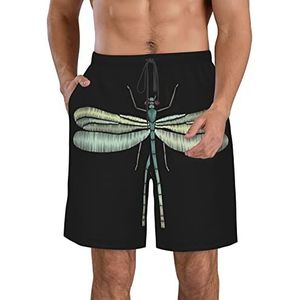 JIAWUJYNB Dragonfly Black Print strandshorts voor heren, zomershorts met sneldrogende technologie, licht en casual, Wit, L