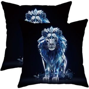 Set van 2 kussenslopen, elegante leeuw geometrisch kristal, luxe dier, mooie blauwe vierkante kussenslopen, comfortabele stoelkussenslopen, voor binnen, boerderij, meubels, 45 x 45 cm