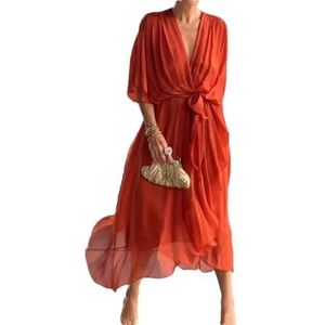 CupitiDU Stijlvolle en elegante maxi-jurk met V-hals, elegante vloeiende chiffon maxi-zomerjurk met korte mouwen voor dames, Oranje, 5XL