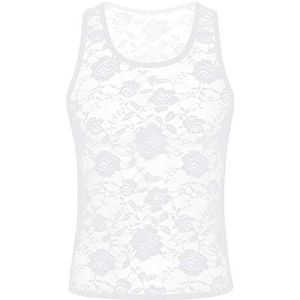 Mens Thongs Mens Sissy See Through Sheer Lingerie Stretchy Floral Lace Hollow Out Sexy Muscle Fitted T-Shirt Undershirt Club Tank Top-White_Xl