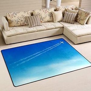 Vloerkleed 100 x 150 cm, vliegtuig in blauwe lucht woonkamer tapijt wasbaar vloermatten waterabsorberende vloermatten, voor woonkamer, keuken