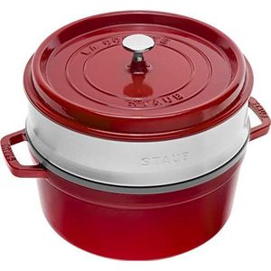 STAUB Gietijzeren braadpan/cocotte met stoominzet, rond, 26 cm, 5,2 l, matzwarte emaillering aan de binnenzijde, kersenrood