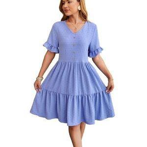 Stijlvolle A-lijn midi-jurk met V-hals, elastische taille, geplooide rok, mouwen met ruches en jacquard geplooide rok - Perfect for elke gelegenheid!(Sky blue,S)