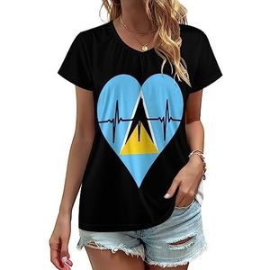 Love Saint Lucia Heartbeat Dames V-hals T-shirts Leuke Grafische Korte Mouw Casual Tee Tops L