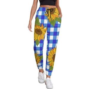 Heldere Zonnebloemen op Blauwe Plaid Vrouwen Joggingbroek Running Joggers Broek Casual Broek Elastische Taille Lange Met Zakken